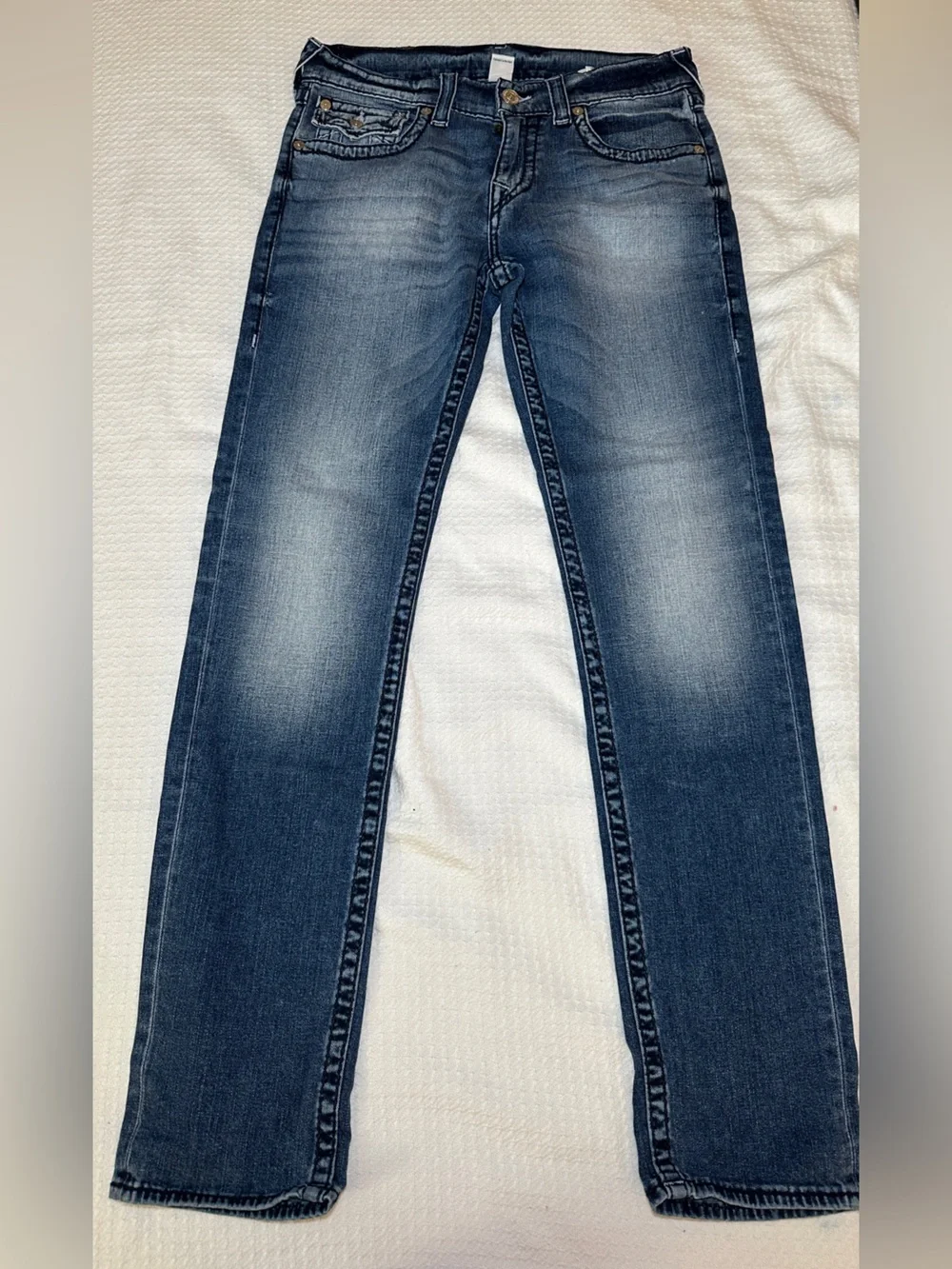 True Religion Men’s Skinny Jeans in Medium Blue Wash with Brown Leather Patch